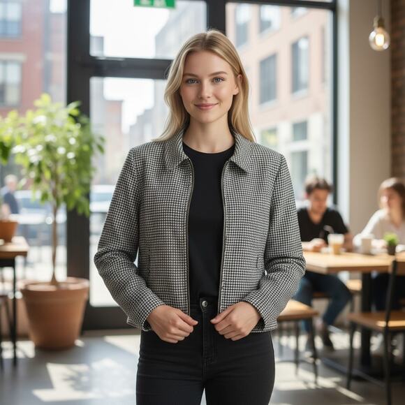 Vintage Pendleton Black White Zip Up Houndstooth Wool Blazer Jacket 6 Collared - Picture 1 of 6